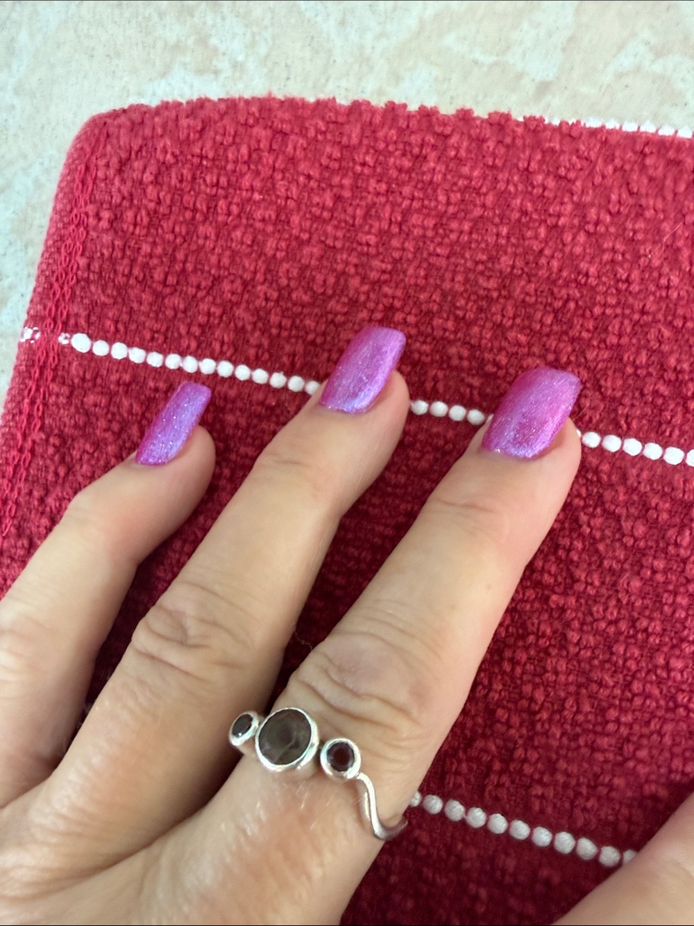 Sterling Silver off set unique amethyst garnet Triple Circle Ring. App size 8.5